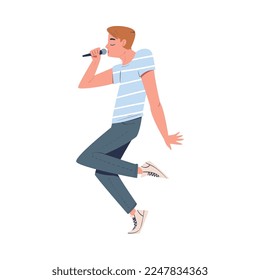 Male singer performing with microphone. Young man singing song and dancing cartoon vector illustration
