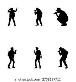 Male Singer Silhouette Vector Set, Vocalist Performance and Concert Microphone Illustration Collection