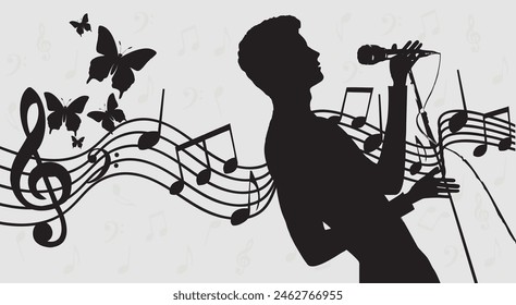  Male singer singing to microphone. Performer with musical notes isolated.