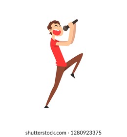 Male singer singing a song with microphone, guy performing on stage vector Illustration