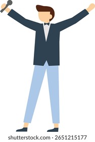Cantor masculino em um terno elegante, segurando um microfone e realizando ao vivo no palco com os braços levantados, capturando a energia e emoção do momento em uma ilustração de design simples plana