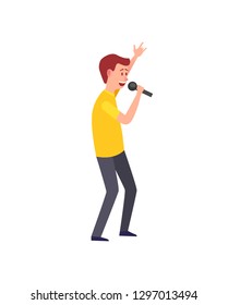 Male singing, musician giving performance isolated vector. Man performer entertaining, funny character holding microphone. Vocalist with mike mic