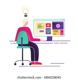 Male sit at desk with computer and watching pictures, videos or sites in internet vector flat illustration. Man with creativity and imagination looking ideas online isolated. Guy generating content