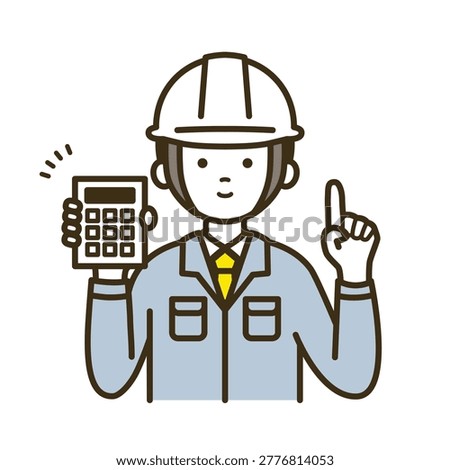 Male site supervisor presenting estimate price with calculator and pointing wearing tie white helmet and workwear