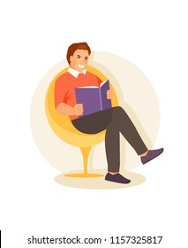 Male sitting in a chair and reading a book. Vector illustration