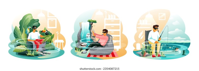 Male sitting in couch in jungle near parrot and toucan. Male looking at waterfall from home. Fisherman fishing in sea from home. People in virtual reality concept. Flat vector illustration