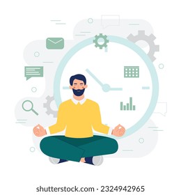 Male sitting in lotus position and developing effective time management strategies. Process of planning and organizing schedule. Time for making calendar schedule. Vector flat illustration