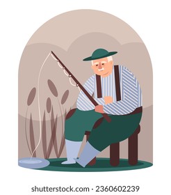 Male sitting near river and fishing. Elderly, senior man spending time outside. Older peoples activities and hobby. Flat vector illustration in brown and green colors