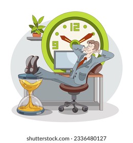 Male sitting near work place and resting after work. Time management concept. Worker complete tasks successfully. Getting job done on time. Flat vector illustration in blue colors
