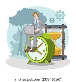 Hombre sentado en un gran reloj y trabajando en una laptop. Concepto de organización y gestión del tiempo. Caricatura completa el trabajo a tiempo. Ilustración vectorial plana en colores azules