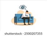 Male sitting on chair overthinking, stressful, worried, headache, suffering, confused concept. Unemployment. Vector illustration.