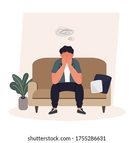 Male sitting on chair overthinking, stressful, worried, headache, suffering, confused concept. Unemployment. Vector illustration.