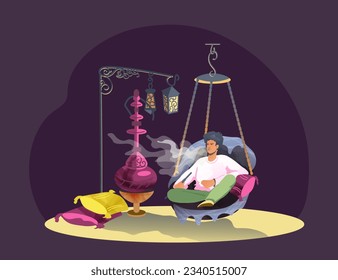 Male sitting on decorative swing, resting and smoking at night. Concept of tobacco smoking. Nightclub with hookah lounge. Flat vector illustration in cartoon style with black background