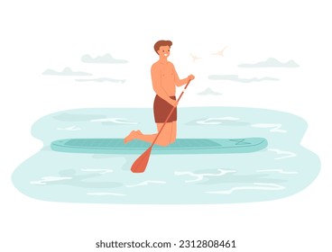 Male sitting on sup board on his knees and swims on water. Happy young man resting at sea. Isolated character. Vector summer activities illustration .