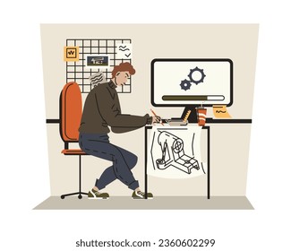 Male sitting at table with computer and designs detail on paper. Designing houses in architectural bureau. Design engineering concept. Flat vector illustration in brown colors