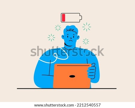 Male sitting at the table with low battery. Burnout concept. Colorful vector illustration