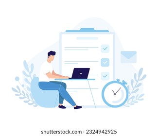 Hombre sentado en la mesa y trabajando en laptop, planeando tiempo de trabajo. Administración de tiempo correcta. Proceso de trabajo activo, concepto de negocio. Ilustración plana vectorial en colores azules