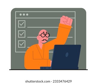 Male sitting at table, working on laptop and complete all tasks. Handsome employees move up career ladder and achieve goals by successfully completing tasks. Flat vector illustration in cartoon style