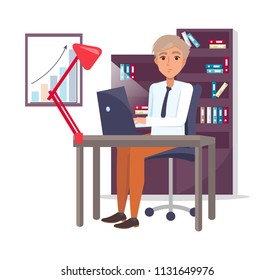 Male sitting at workplace and typing on laptop. Bookcase and poster with chart on background. Office worker at desk with lamp vector isolated on white