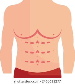 Concepto de grabado de lipo ab de seis paquetes masculinos, diseño plano de Vector de lipoescultura, símbolo de cirujano plástico, signo de contorno de cuerpo, tratamiento de belleza ilustración de stock