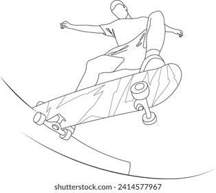 Ilustración vectorial de línea continua de patinaje masculino. El patinador lineal que realiza varios trucos. Tema deportivo. Patinaje en el aire a bordo.