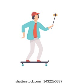Male Skateboarder Taking Selfie Photo on Smartphone, Guy Making Photo or Video for Social Media Using Selfie Stick Vector Illustration