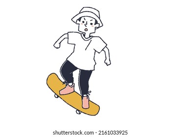 Male skateboarding comical handwritten person Vector, warm line drawing
