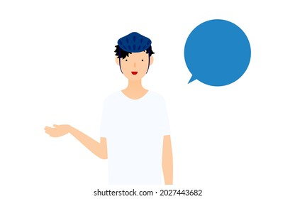 A male skater giving directions with his right hand, with speech bubble