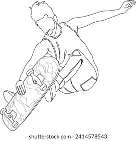 Male skater performing a trick in the air continuous line vector illustration. Isolated Linear skateboarder. Sport theme. Skater in the air on board.