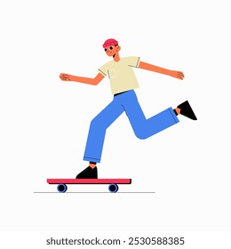 Male skater riding a skateboard in flat vector illustration symbolizing urban lifestyle, transportation, and sport, isolated on white background.