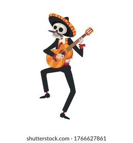 Male Skeleton in the Mexican National Costume Playing Guitar, Day of the Dead Dia de los Muertos Concept Vector Illustration
