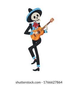 Male Skeleton in Mexican National Costume and Sombrero Hat Playing Guitar, Day of the Dead Dia de los Muertos Concept Vector Illustration