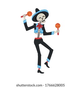 Male Skeleton in Mexican National Costume and Sombrero Hat Playing Maracas, Day of the Dead Dia de los Muertos Concept Vector Illustration