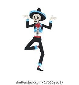 Male Skeleton in Mexican National Costume and Sombrero Hat Dancing at Festival, Day of the Dead Dia de los Muertos Concept Vector Illustration