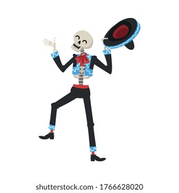 Male Skeleton in Mexican National Costume and Sombrero Hat, Day of the Dead Dia de los Muertos Festival Vector Illustration