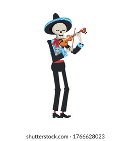 Male Skeleton in Mexican National Costume and Sombrero Hat Playing Violin, Day of the Dead Dia de los Muertos Concept Vector Illustration