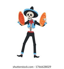 Male Skeleton in the Mexican National Costume Playing Cymbals, Day of the Dead Dia de los Muertos Concept Vector Illustration