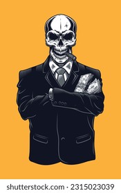 male skeleton in a suit and with a cigar