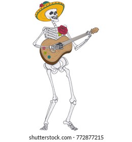 Male skeleton in yellow Mexican sombrero plays the guitar, vector illustration isolated on white background. Mexican holiday Day of the Dead, Dia de los Muertos. Print, sketch