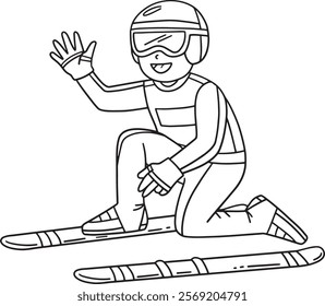 Male Ski jumper Fastening Ski Boards Isolated 