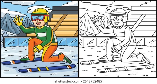 Saltador de Esqui Masculino Fixação Esqui Ilustração 