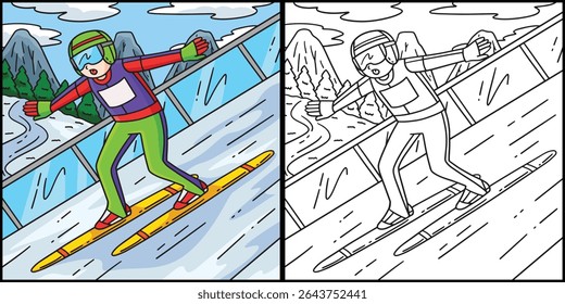 Male Ski Jumper Telemark Landing Illustration 