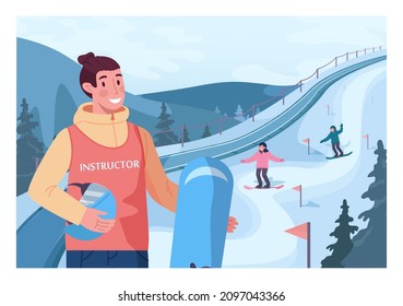 Male ski resort instructor holding a snowboard. Snowboarding instructor with a snowy snowboarding track on a background. Ski and snowboarding school. Flat vector illustration