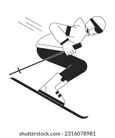 Male skier with poles on skis flat line black white vector character. Editable outline full body person. Winter sport athlete skiing simple cartoon isolated spot illustration for web graphic design