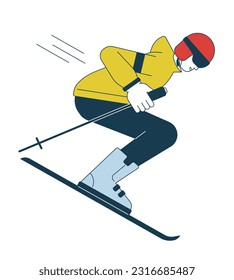 Male skier with poles on skis flat line color vector character. Editable outline full body person on white. Winter sport athlete skiing down simple cartoon spot illustration for web graphic design
