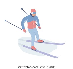 Male skier skiing on the snow. Winter sport, winter activity. Competition. Man riding on the skies. Flat vector illustration.