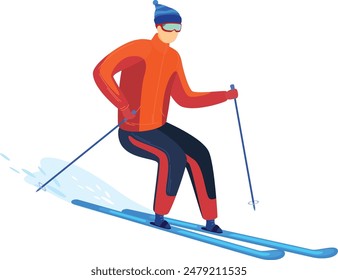 male skier wearing blue beanie, orange jacket, red gloves, black pants, goggles skiing snow, holding ski poles skiing high speed. Background appears be isolated white background. Young man downhill