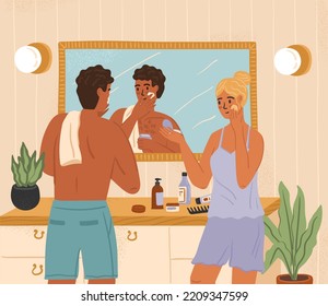 Male skin care concept vector poster. Man and woman applying face cream while standing in front of mirror in bathroom. Male cosmetics, skincare and beauty treatment