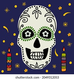 Male skull decorated for Dia De Los Muertos. Hand-drawn style. Vector illustration.