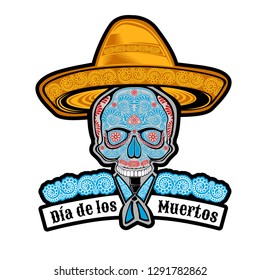 Male skull front view with mexican hat and pattern on face symbol of Dia de los Muertos holiday. Color illustration isolated on white